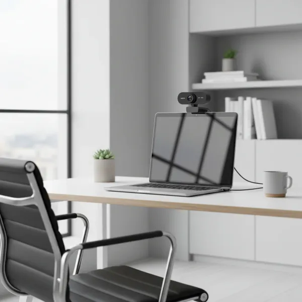 Webcam USB HD 1080P/2K avec micro et autofocus sur un ordinateur portable dans un bureau moderne