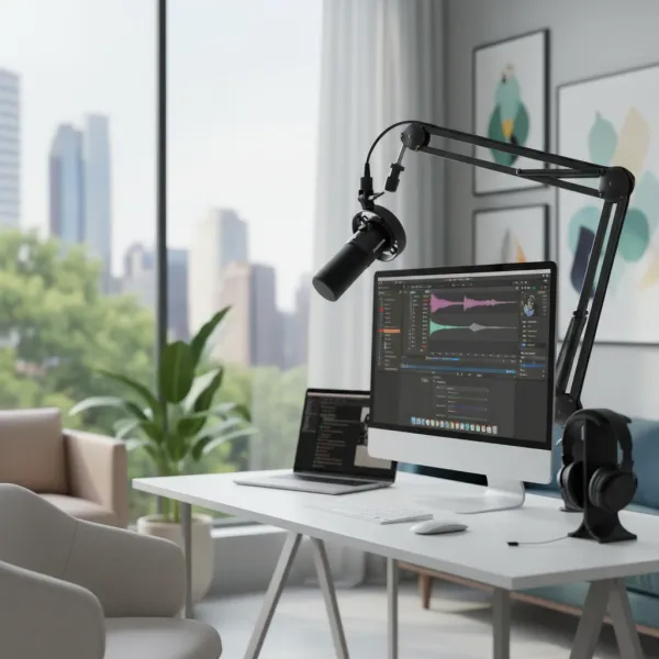 Micro dynamique Maono PD300X avec connexion XLR et USB monté sur bras articulé dans un bureau moderne