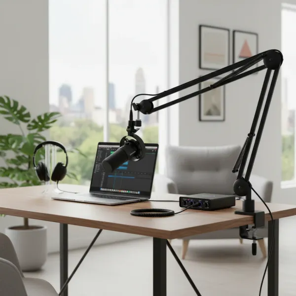 Micro dynamique Maono PD300X monté sur bras articulé avec ordinateur portable et casque audio