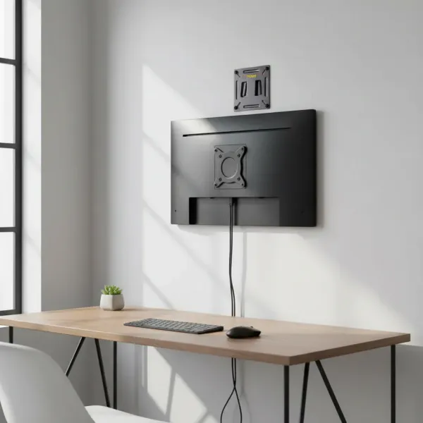 Support mural pour écran VESA 75/100 compatible 12-24 pouces installé sur un mur avec un écran noir fixé au-dessus d'un bureau en bois clair