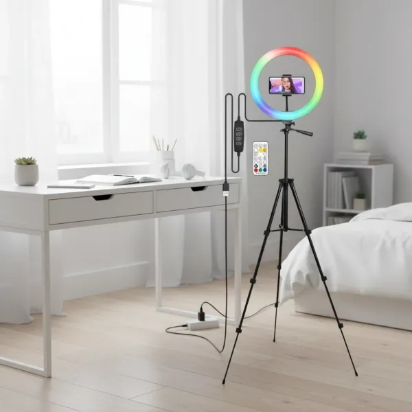 Lampe anneau RGB VeFly avec télécommande pour smartphone installée dans une chambre avec trépied