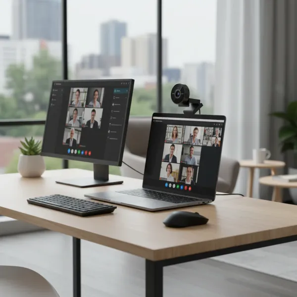 Webcam EMEET 4K 1080P 60fps avec microphone sur ordinateur portable en visioconférence