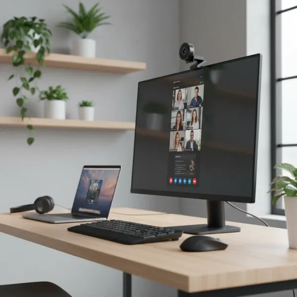 Webcam EMEET 4K 1080P 60fps avec microphone installée sur un écran d'ordinateur en session vidéo