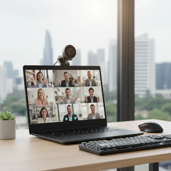 Webcam EMEET 4K 1080P 60fps avec microphone installée sur ordinateur pour visioconférence