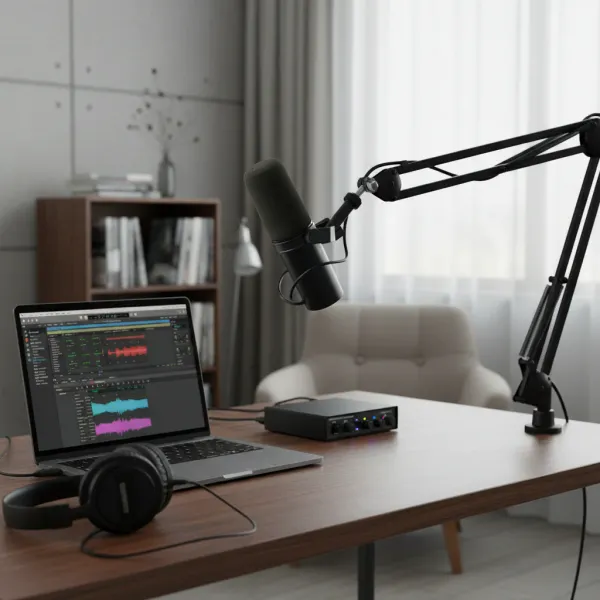 SM7B Microphone Dynamique Vocal - Enregistrement audio professionnel Microphone dynamique vocal SM7B installé sur bras articulé avec ordinateur portable et casque audio sur bureau