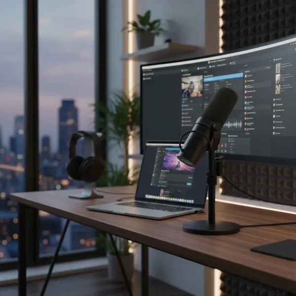 SM7B Microphone Dynamique Vocal - Qualité Professionnelle pour Studio et Streaming Microphone dynamique vocal SM7B de qualité professionnelle sur un bureau avec casque et ordinateur portable