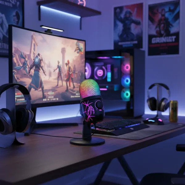 Microphone USB gaming avec réduction de bruit, moniteur muet RGB pour PC, Mac, PS4/5 et streaming Microphone USB avec éclairage RGB sur bureau de gaming avec PC, casque et clavier