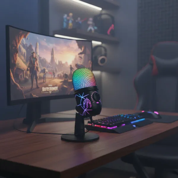 Micro USB Basix Micro Condenser Gaming & Podcast pour PC avec éclairage RGB Micro USB Basix avec éclairage RGB sur bureau de gaming avec PC