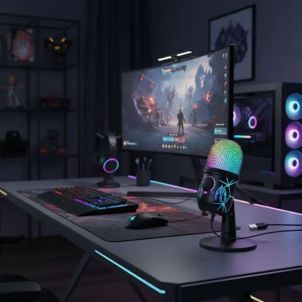 Micro USB basix - Micro Condenser Gaming & Podcast pour PC avec éclairage RGB Micro USB basix micro condenser gaming et podcast connecté à un PC