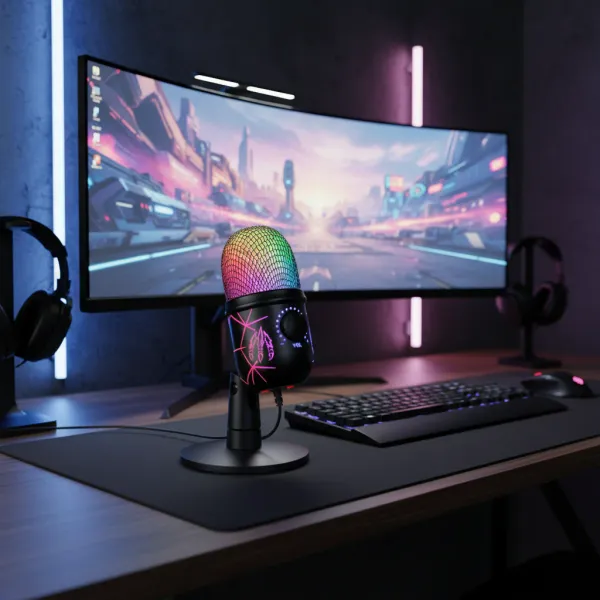 Micro USB Basix - Micro Condenser Gaming & Podcast pour PC avec éclairage RGB Micro USB Basix micro condenser RGB pour gaming et podcast sur bureau PC