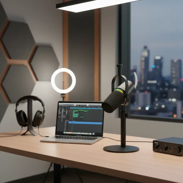 MV7+ Microphone dynamique professionnel pour podcast avec isolation vocale, connectivité USB-C et XLR en studio moderne