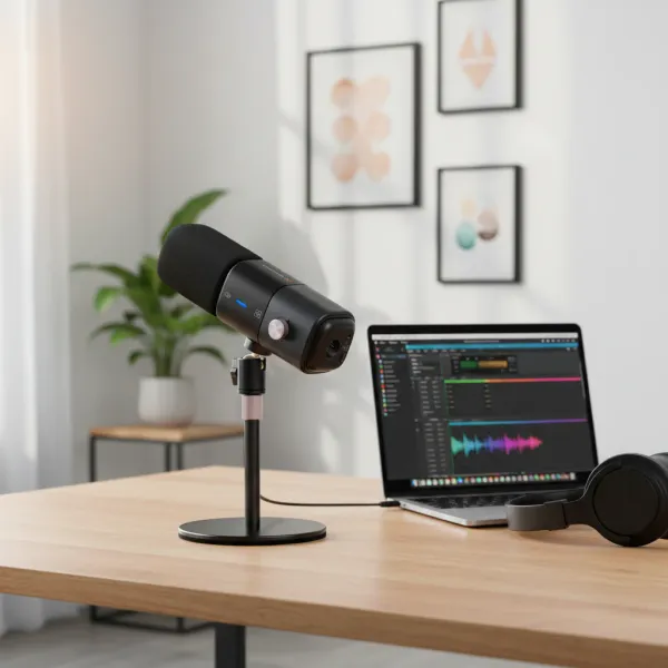 NearStream Dynamic XLR USB microphone on a desktop next to a laptop and headphones, ideal for gaming, streaming, podcasting, and recording