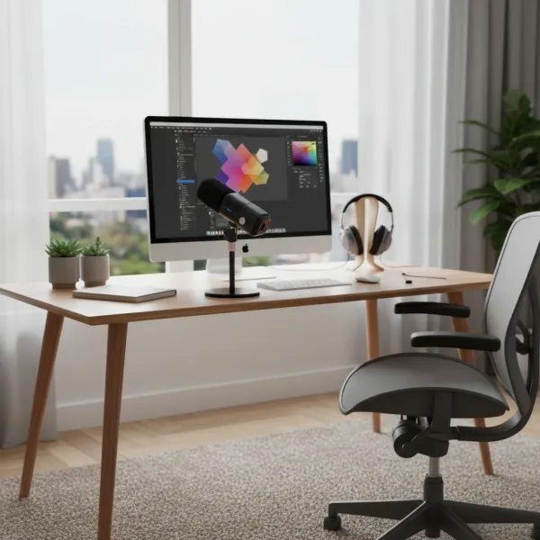 NearStream Dynamic XLR USB Microphone on wooden desk with computer and headphones in modern home office