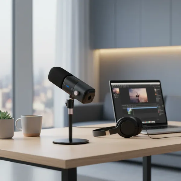 Microphone dynamique NearStream XLR USB sur bureau avec casque et ordinateur portable