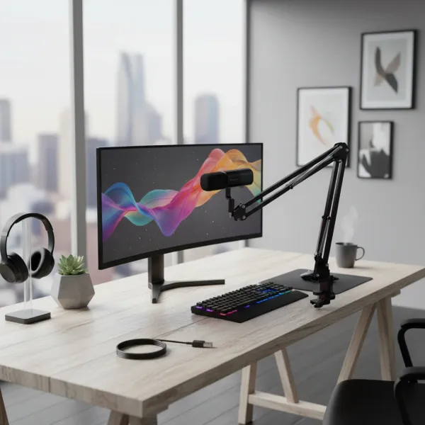 NearStream Microphone Condensateur USB/XLR avec Bras Boom – Kit Streaming & Podcast Microphone NearStream condensateur USB/XLR avec bras boom installé sur bureau pour streaming et podcast