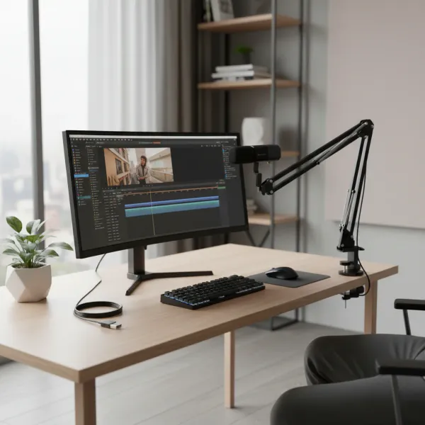 NearStream Microphone Condensateur USB/XLR avec Bras Boom – Kit Idéal pour Streaming et Podcast Microphone condensateur NearStream USB et XLR avec bras boom monté sur bureau pour streaming et podcast