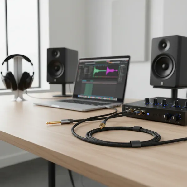 Câble adaptateur Vention 3,5 mm vers double 6,5 mm TRS posé sur un bureau avec ordinateur portable et matériel audio