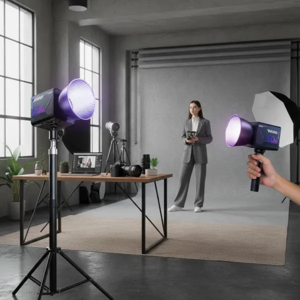 Lampe vidéo LED RGB portable Nagnahz ZGRL-60W allumée violet avec modèle en arrière-plan dans studio photo