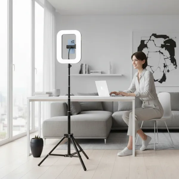 Anneau LED portable rechargeable 20W LEAFILLIGHT Y200 bi-color avec support trépied et smartphone en utilisation devant un ordinateur portable