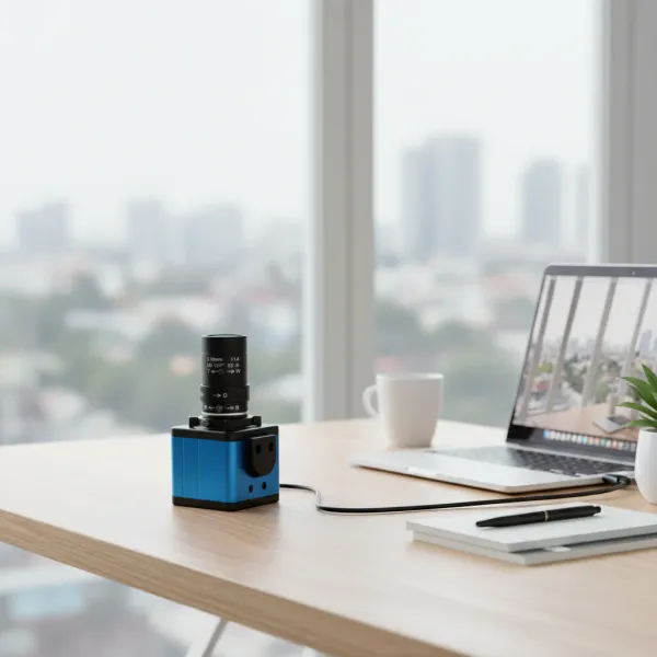 Webcam HD 4K USB SU70-HB avec capteur 8MP IMX415 posée sur un bureau moderne à côté d'un ordinateur portable