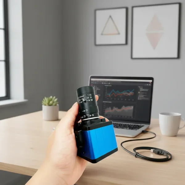 Webcam HD 4K USB SU70-HB avec objectif réglable tenue en main devant un ordinateur portable