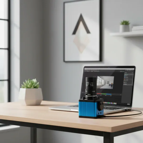 Webcam HD 4K USB SU70-HB bleue connectée à un ordinateur portable sur un bureau en bois