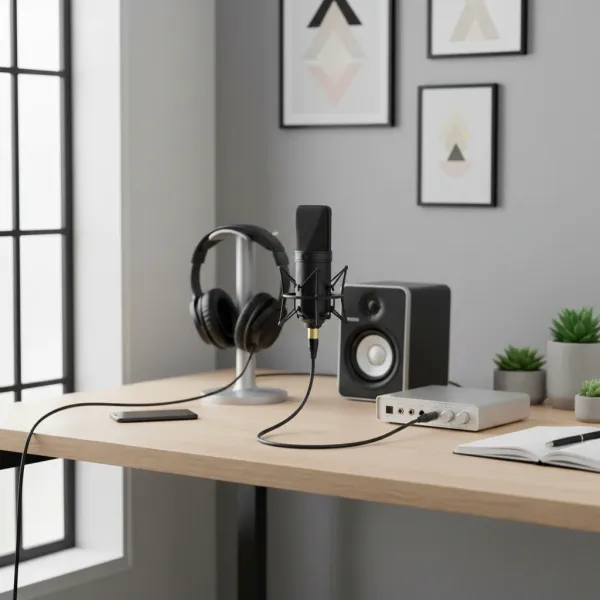 Câble XLR vers 3,5 mm connecté à un microphone studio sur un bureau avec casque audio et haut-parleur