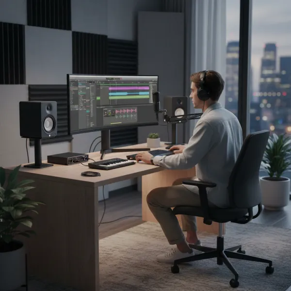 Microphone à condensateur cardioïde Sanpusen style AT2020 utilisé en home studio avec casque et équipement audio