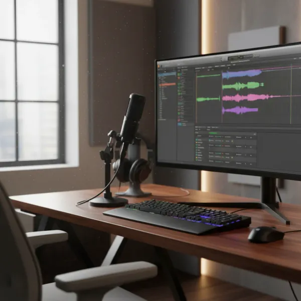 Microphone à condensateur cardioïde Sanpusen style AT2020 sur support de bureau dans un home studio avec écran d'ordinateur et clavier