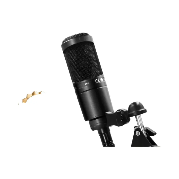 Microphone à condensateur cardioïde Sanpusen en position verticale avec support, idéal pour home studio et podcast