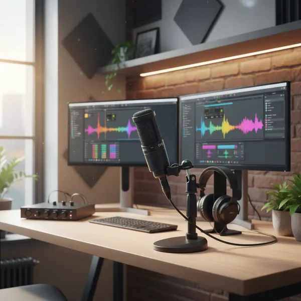 Microphone à condensateur cardioïde Sanpusen style AT2020 sur bureau de home studio avec double écran