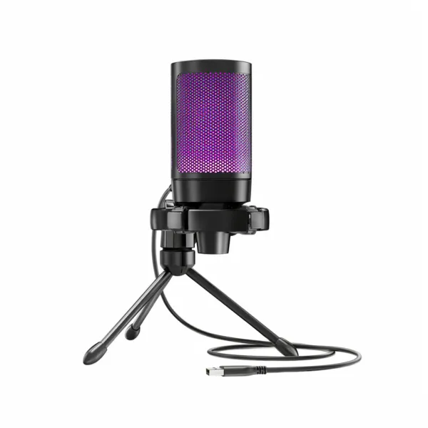 Microphone AmpliGame A2 – USB Condenser avec RGB et Quick Mute Microphone AmpliGame A2 USB Condenser avec éclairage RGB violet et pied trépied