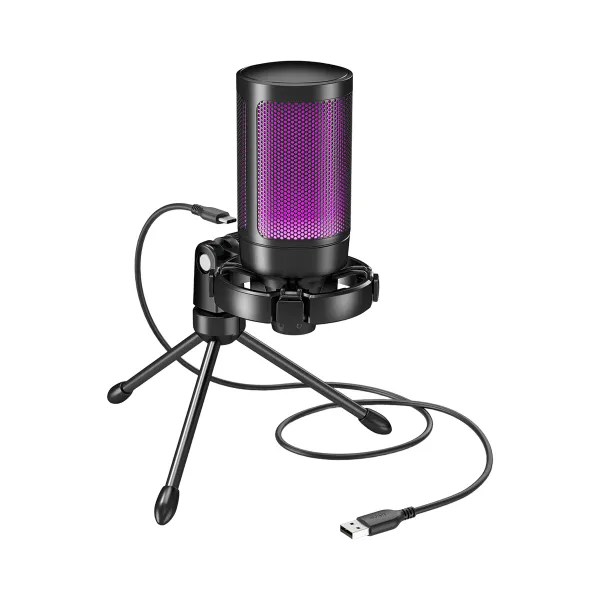 Microphone AmpliGame A2 USB Condenser RGB avec fonction Quick Mute Microphone AmpliGame A2 USB Condenser avec éclairage RGB violet et trépied