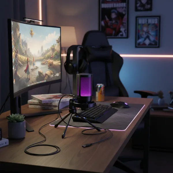 Microphone AmpliGame A2 – Micro USB Condenser RGB avec Quick Mute Microphone AmpliGame A2 USB à condensateur avec éclairage RGB violet sur bureau gaming