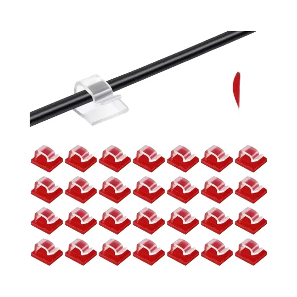 Clips adhésifs réglables pour gestion et organisation de câbles - lot 30 Clips adhésifs réglables pour gestion de câbles avec adhésif rouge et câble noir fixé