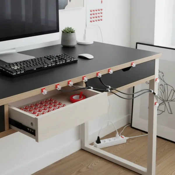Clips adhésifs de gestion de câbles réglables pour bureau Clips adhésifs réglables pour gestion de câbles fixés sous un bureau en bois, organisant des câbles noirs