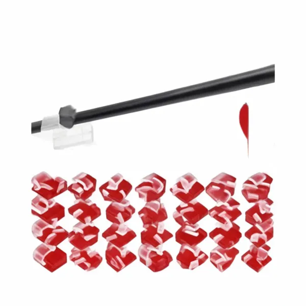 Clips adhésifs de gestion de câbles réglables pour organisation facile et sûre Clips adhésifs rouges transparents pour gestion de câbles réglables installés sur câble noir
