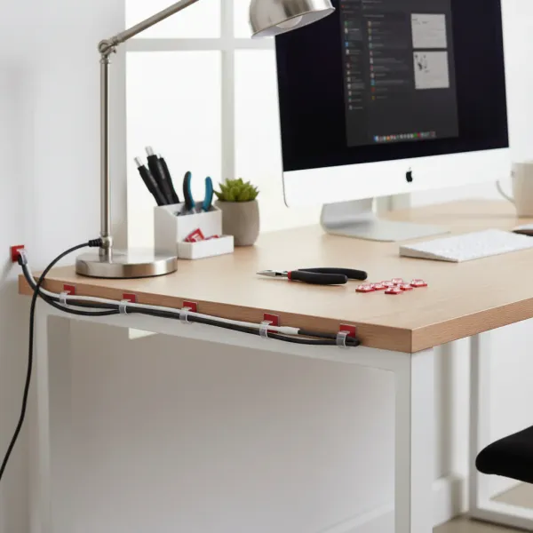 Clips adhésifs de gestion de câbles réglables pour bureau organisé Clips adhésifs réglables fixant des câbles sous un bureau en bois clair dans un bureau moderne