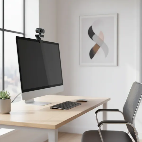 Caméra USB HD 720p avec microphone et trépied sur écran d'ordinateur dans un bureau moderne