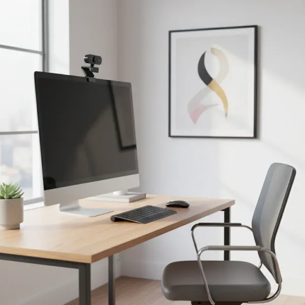 Caméra USB HD 720p avec microphone et trépied fixée au-dessus d'un écran d'ordinateur dans un bureau moderne