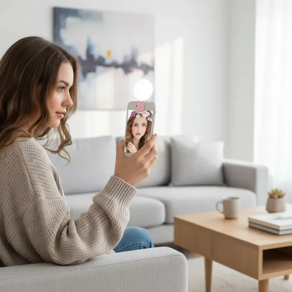 Anneau lumineux LED Clip Portable pour Smartphone - 3 niveaux d'éclairage pour selfies parfaits Femme utilisant anneau lumineux LED clip portable sur smartphone pour selfie avec 3 niveaux d'éclairage