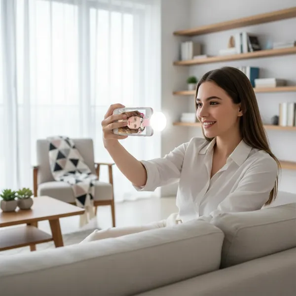 Anneau lumineux LED Clip portable pour smartphone - 3 niveaux d'éclairage ajustables Femme utilisant un anneau lumineux LED portable clipsé sur son smartphone pour un selfie avec 3 niveaux d'intensité