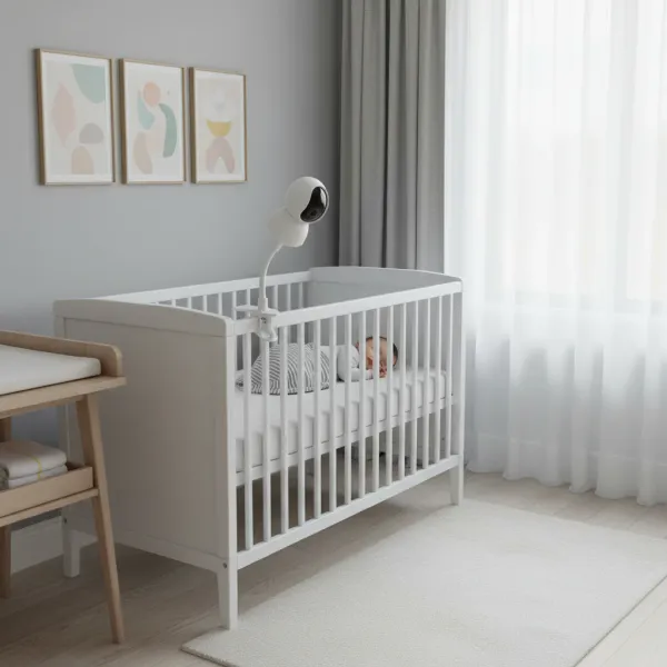Pince flexible pour caméra et moniteur - Support universel DIXSG Pince flexible DIXSG fixée à un lit bébé avec une caméra de surveillance