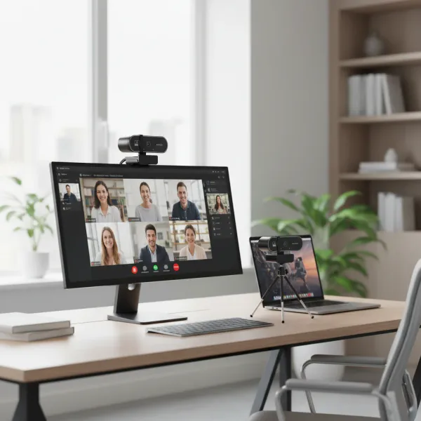 Webcam 4K Full HD avec microphone et autofocus 8MP installée sur un écran d'ordinateur en visioconférence