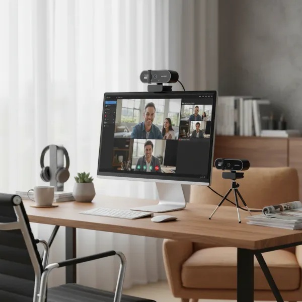 Webcam 4K Full HD avec microphone et autofocus 8MP en utilisation sur bureau