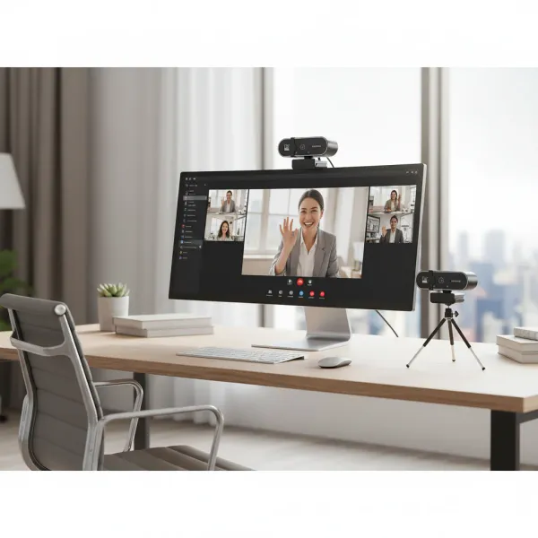 Webcam 4K Full HD avec microphone et autofocus 8MP sur un ordinateur en réunion vidéo