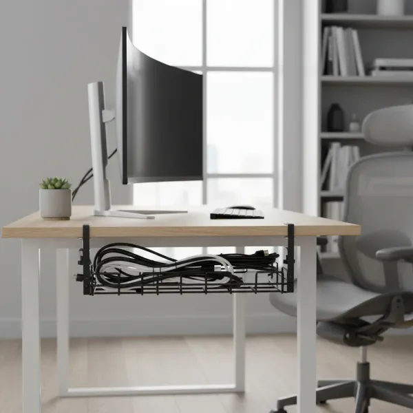 Organisateur de câbles en métal fixé sous un bureau sans perçage avec câbles bien rangés