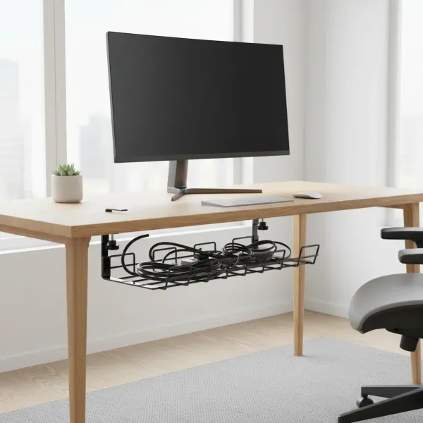 Organisateur de câbles sous bureau en rack métal noir sans perçage avec câbles rangés