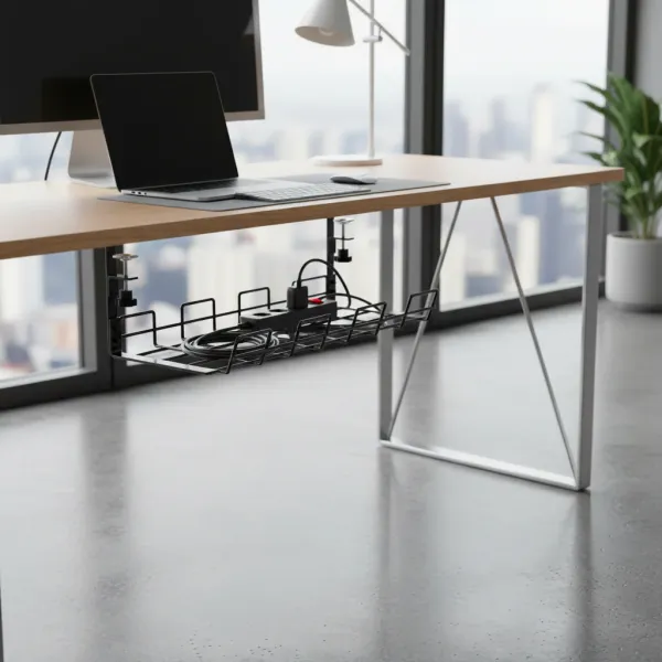 Organisateur de câbles en métal sous bureau sans perçage fixé sur plateau de table de travail moderne