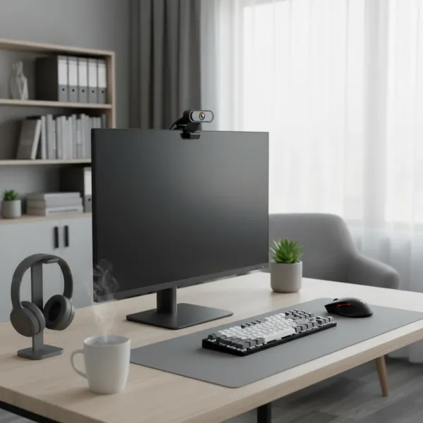 Webcam 1080P Full HD EOENKK avec microphone et trépied USB fixée sur un écran d'ordinateur